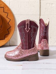 1 Pair Children's Purple Sequin High-Top Square Toe PU Boots, Suitable For Outdoor Sports - Purple - View 10