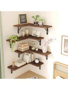 Corner Floating Shelves, Wall Mounted Corner Shelf Set Of 5, Rustic Wood Wall Shelves For Bathroom, Kitchen, Bedroom Or Living Room (Carbonized Black),Corner Floating Shelves, Rustic Wood Wall Shelves For Bathroom, Kitchen, Bedroom Or Living Room (Dark Carbonized Black) Bathroom Accessories - Black - View 6