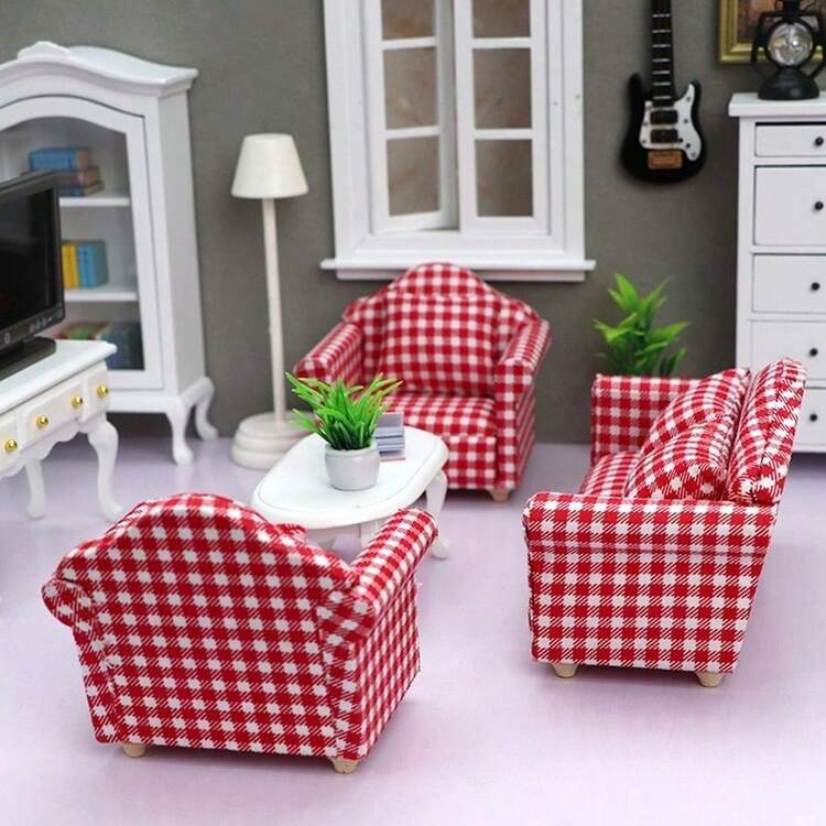 1 Set 1:12 Dollhouse Miniature Furniture Model Living Room Micro Scene, White & Red Plaid, Red Striped Floral Fabric Sofa Set Of 3 Pcs With 4 Cushions, Doll House Sofa, Loveseat, Miniature Furniture, Cute Small Sofa, Suitable As Christmas Gift, Holiday Gift - Multicolor - View 11