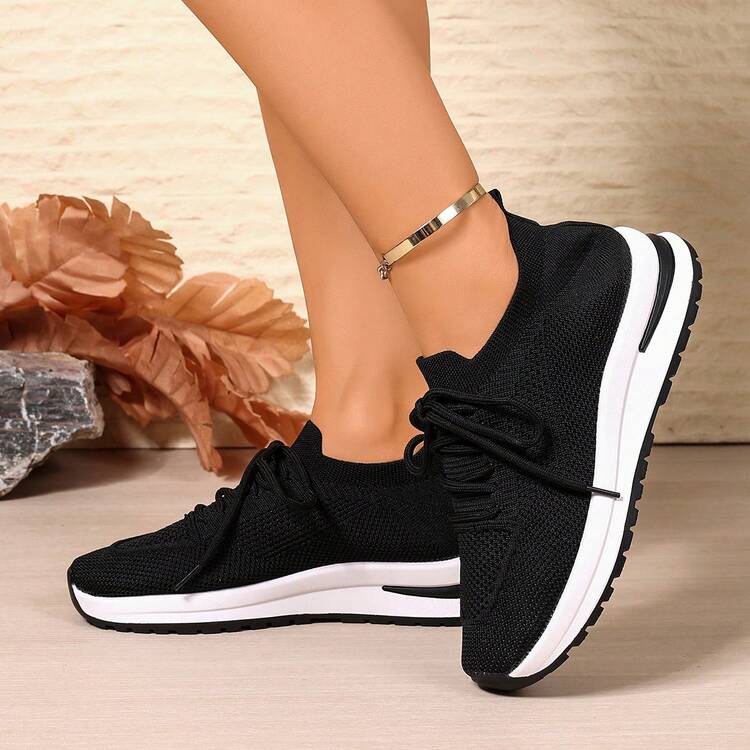 全新跨境大码系带镂空女式透气针织运动鞋，时尚纯色运动针织系带时尚徒步户外散步健身休闲鞋，百搭春夏秋季 - 黑色 - 查看 4