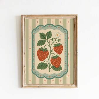 1pc Frameless Vintage Strawberry Wall Art Folk Fruit Poster With Sage Stripe, Rustic Kitchen Decor Print For Bedroom & Dorm | Botanical Posters, Back To School, Retro Room Decor, Funky Farmhouse Aesthetic