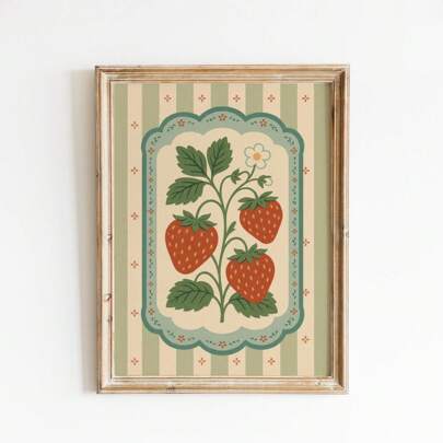 1pc Frameless Vintage Strawberry Wall Art Folk Fruit Poster With Sage Stripe, Rustic Kitchen Decor Print For Bedroom & Dorm | Botanical Posters, Back To School, Retro Room Decor, Funky Farmhouse Aesthetic