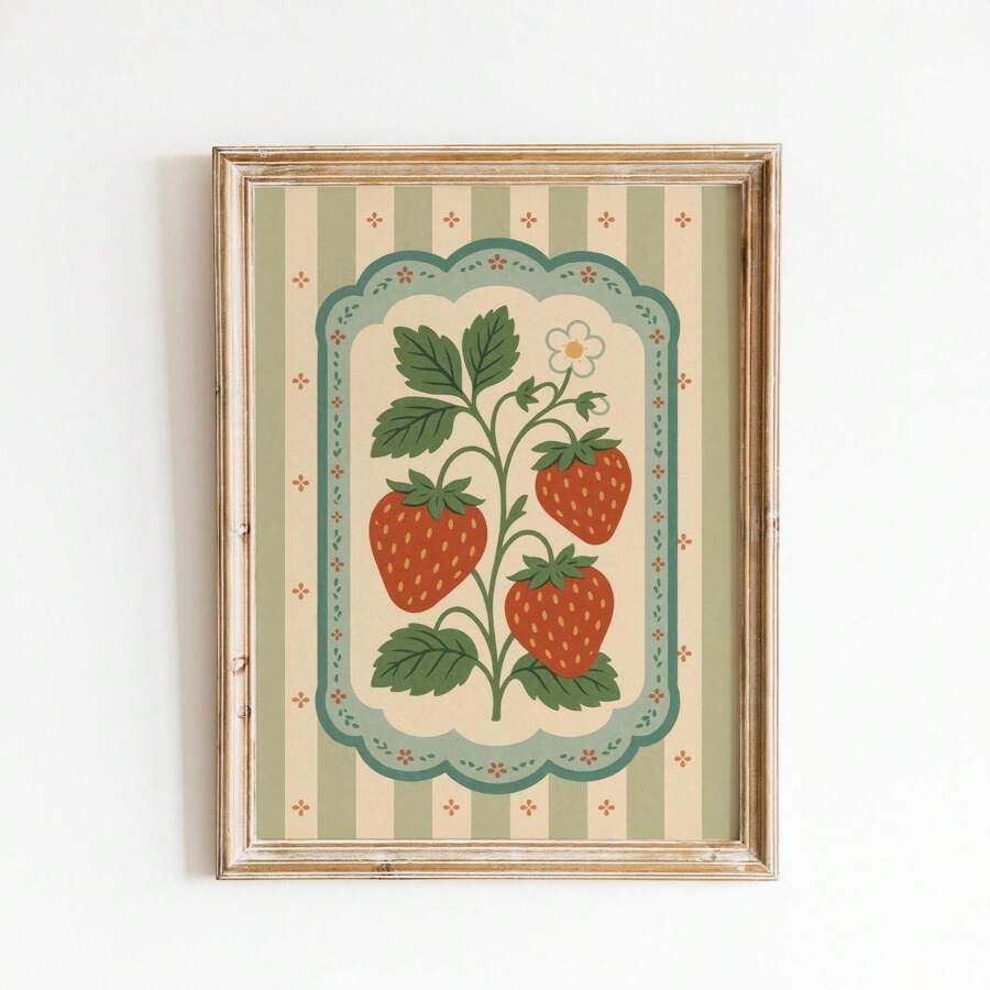 1pc Frameless Vintage Strawberry Wall Art Folk Fruit Poster With Sage Stripe, Rustic Kitchen Decor Print For Bedroom & Dorm | Botanical Posters, Back To School, Retro Room Decor, Funky Farmhouse Aesthetic - Multicolor - View 1