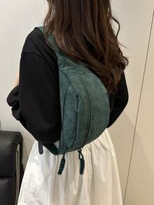 大容量灯芯绒胸包/腰包，男女通用，适合日常、运动、跑步、旅行、休闲使用 - 綠色 - 查看 3