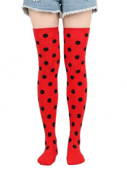 A Pair Of Red Polka Dot Decorated Stockings, Ladybug Polka Dot Decorated Clothing, Suitable As Costume Props For Holiday Parties, Makeup Dances, Halloween Wear, Gifts, Cute Things.