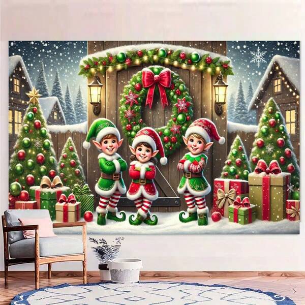 1 pieza, Pancarta de fondo navideño de duende plano 2D para fiesta, adecuada para decoración multiusos de interiores y exteriores, apta para habitaciones, estudios, hogares y celebraciones en el jardín