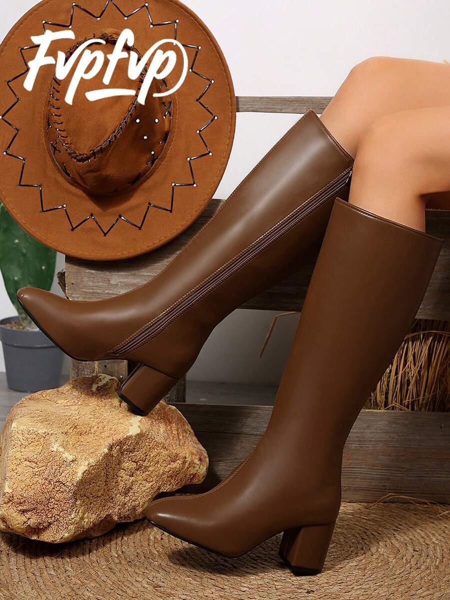 FVPFVP Botas altas de puntera cuadrada de cuero patentado inspiradas, botas de montar de tacón grueso ajustadas para mujer, estilo occidental, botas marrones para otoño/invierno