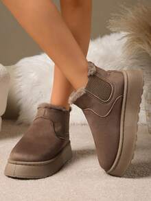 Women's Faux Fur Camel 5cm Thick Sole Ankle Boots, Tight-Fitting Knit Cuff Wool Lining Fur One-Piece Snow Boots, New Autumn/Winter Rear Pull Strap Fluffy Thickened Plush Fur Lining Anti-Cold Slippers, Fashionable Simple Warm Winter Shoes Men Indoor Slippers - Khaki - View 5