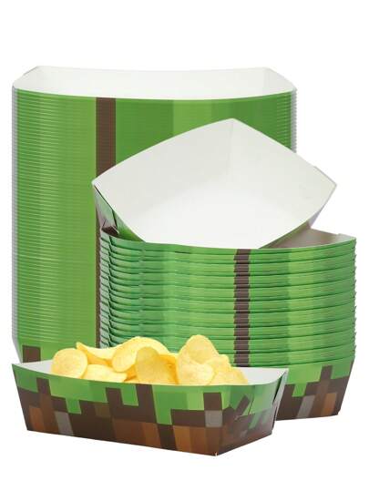 10 piezas/20 piezas/50 piezas Bandejas de comida con temática de píxeles en marrón y verde, bandejas de papel prácticas para comida, aperitivos, platos, cajas de refrigerios, suministros para fiestas de cumpleaños con temática de videojuegos y decoraciones de fiestas