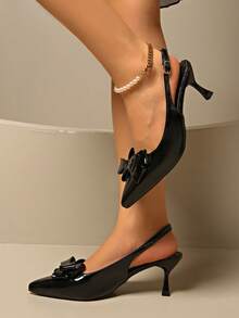 法式经典国风优雅飘逸绑带仙女蝴蝶结高端凉鞋，时尚春夏凉鞋，新款Diva仙女尖头高跟鞋，蝴蝶结装饰通勤温柔凉鞋，新款夏季百搭包头凉鞋搭配连衣裙 - 黑色 - 查看 5