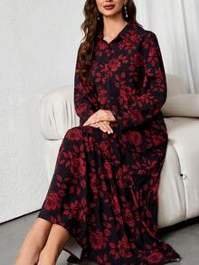 春季女士印花波西米亚风长袖超长连衣裙。2025新年时尚宽松秋季红玫瑰印花连衣裙，收腰设计，适合休闲度假穿着、优雅派对礼服、毕业季海滩装扮、情人节时尚晚礼服。开斋节 - 紅色 - 查看 1