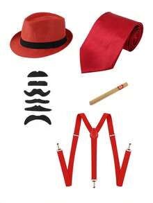 Value 5-Piece Set 1920s Men's Costume Hat, Includes 1920s Men's Hat, Tie, Fake Mustache, Accessories, Suspenders, Ball And Party Costume Halloween Outfit Accessories - Multicolor - View 8