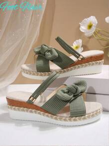 Foot Flair 加大码女式蝴蝶装饰露趾两穿帆布厚底坡跟凉鞋，波西米亚海滩度假风格，百搭春夏季款，绿色