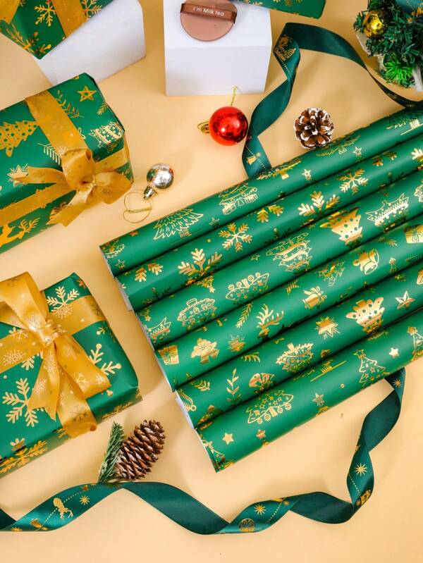 6pcs/12pcs High Quality Coated Waterproof Christmas Wrapping Paper In Olive Green, With Gold Reindeer, Christmas Tree, Snowflake Patterns - Ideal For Holiday Gifts, Birthdays, Party Decorations And Christmas Gift Boxes, Holiday Gift Wrapping | Elegant Wrapping Paper | High-Quality Paper, Christmas Wrapping Paper