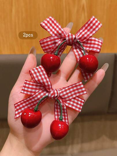 2pcs Cute Cherry Bow Hair Clips, Sweet Style Hair Accessories Suitable For Daily Use, Affordable Hair Decor