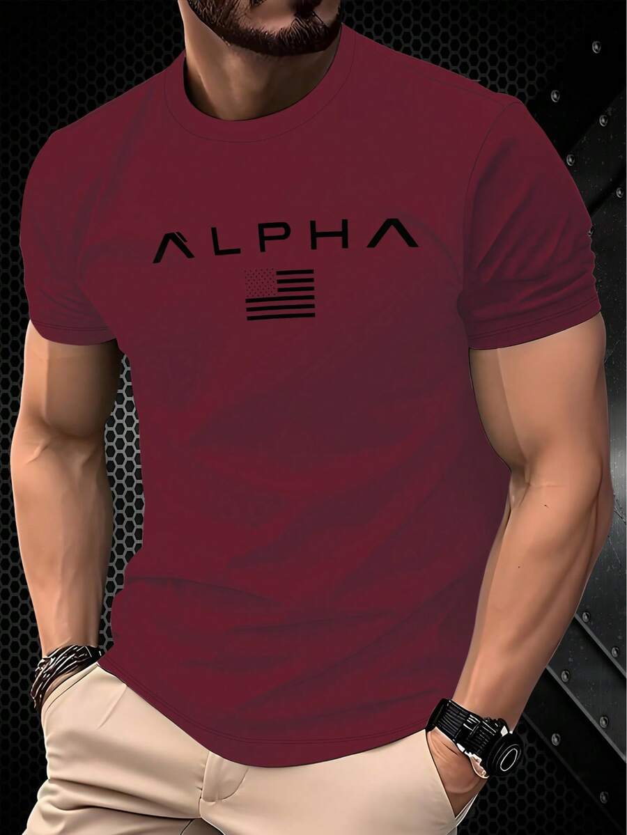 100% Polyester Personalized Design Green Short Sleeve T-Shirt With "ALPHA" Text And Minimalist Logo Print, Breathable Lightweight Smooth Fabric, Suitable For Summer Wear - Multicolor - View 1
