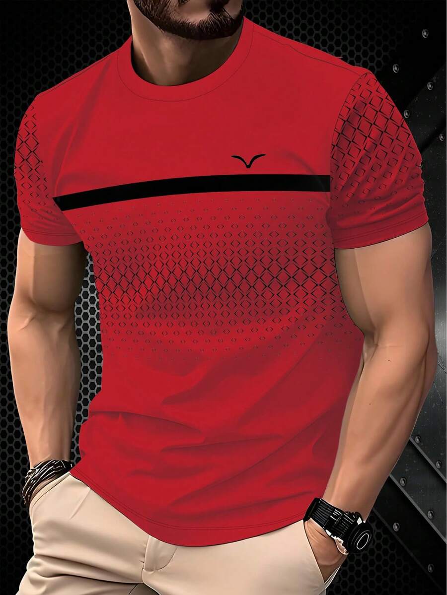 Men's Fashion Patchwork Short Sleeve T-Shirt, 100% Polyester, Geometric Diamond Pattern & Solid Color Combination Minimalist Pullover Top, Breathable Summer Lightweight Fabric