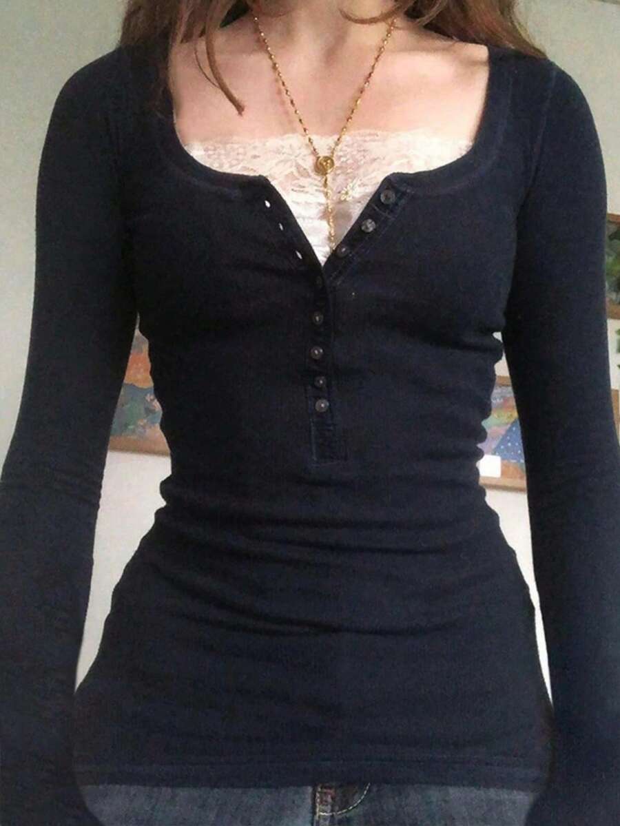 Women Y2k Lace Patchwork Shirt Top Fairycore Lace Trim V Neck Long Sleeve Button Front Slim Fit T Shirts Crop Tops Sping Fall Going Out Tee Tops Teen Girls Vintage Aesthetic Grunge Clothes Casual Tunic Top Blouse Streetwear - 黑色 - 查看 1