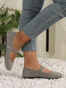 Women's Mary Jane Flats With Buckle Strap – Microfiber Suede Ballet Shoes With TPR Outsole – Casual Round Toe Slip-On Black Dress Flats - 灰色 - 查看 4