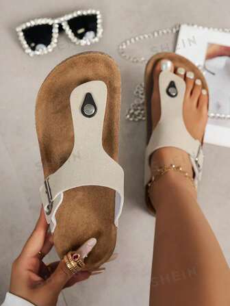 2025 Women's Fashion Silver Metal Buckle Flat Soft Cork Slippers, White Fur Lining Vacation Style Autumn Beach Flip Flops, Beige Casual Outdoor Lightweight & Comfortable Sandals