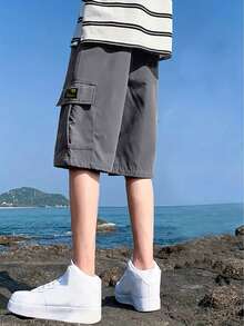 1件青少年男童休闲夏季户外运动带口袋时尚纯色实用短裤，春秋季 - 深灰色 - 查看 2
