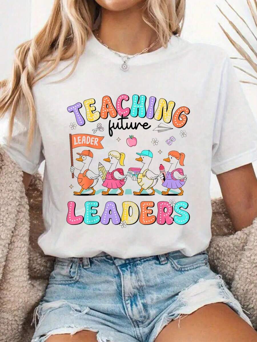 100% Cotton Women Clothes Teaching Future Leaders Silly Goose Teacher Back To School T-Shirt - White - View 1