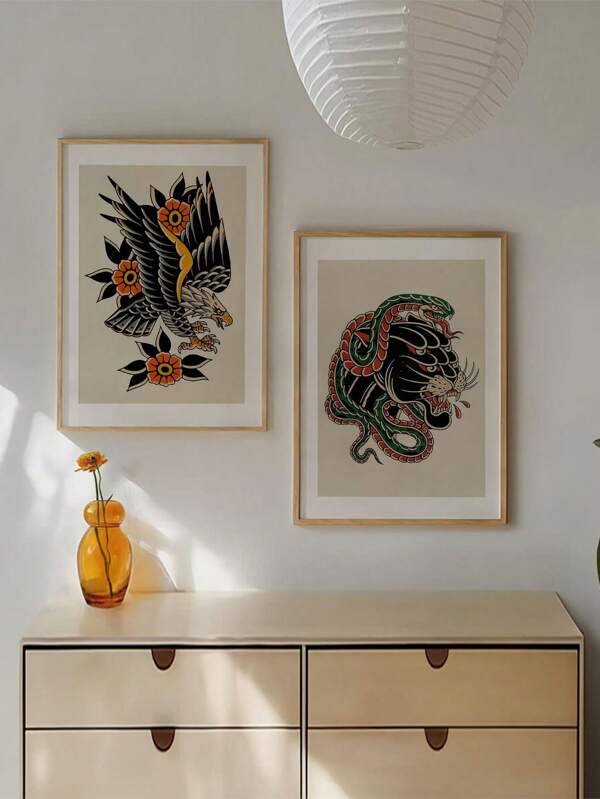 2pcs/Set Traditional Eagle Snake Tattoo Art Prints With Flowers - Vibrant Japanese Style Ink Illustration, Symbolic Animal Pattern, Vintage Style Wall Hanging, Perfect For Tattoo Lovers, Unframed.It Is Suitable For Living Rooms, Bedrooms, Home Offices And Classrooms.