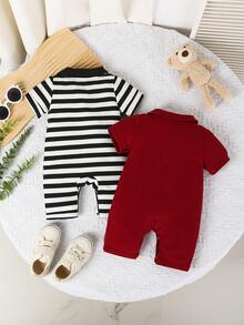 Bộ 2 món/Bộ đồ liền thân tay ngắn họa tiết gấu thêu cổ polo mùa hè cho bé trai & bộ đồ liền thân tay ngắn màu trơn - Màu Đỏ Sâu - Xem 2