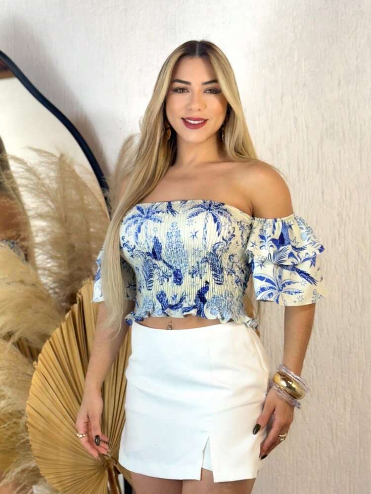 Cropped Top  Lastex Ruffle Sleeve Women - Estampado azul real - Añade 1