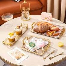 1pc Elegant Gold Trimmed PS Plastic Tray Set - Multipurpose Rectangular Tray For Kitchen, Dining Room, Living Room - Great For Tea, Snacks, Candy, Baked Goods - Perfect For Weddings, Gifts, Birthday Events
