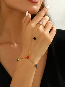 1 件 18K 镀金复古个性化百搭经典通勤时尚度假花卉设计手指连接后手链女士