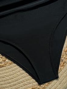 Women's Black V-Neck Twisted Detail Halter Bikini Top And High-Waist Ruched Swim Bottom Set, Casual Swimwear Vacation Summer Beach - Black - View 5