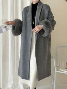 女士经典披肩领系腰长款双面羊毛大衣，秋冬季休闲加长外套 - 灰色 - 查看 5
