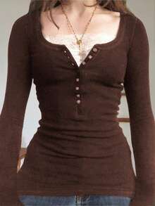 Women Y2k Lace Patchwork Shirt Top Fairycore Lace Trim V Neck Long Sleeve Button Front Slim Fit T Shirts Crop Tops Sping Fall Going Out Tee Tops Teen Girls Vintage Aesthetic Grunge Clothes Casual Tunic Top Blouse Streetwear - 棕色 - 查看 1