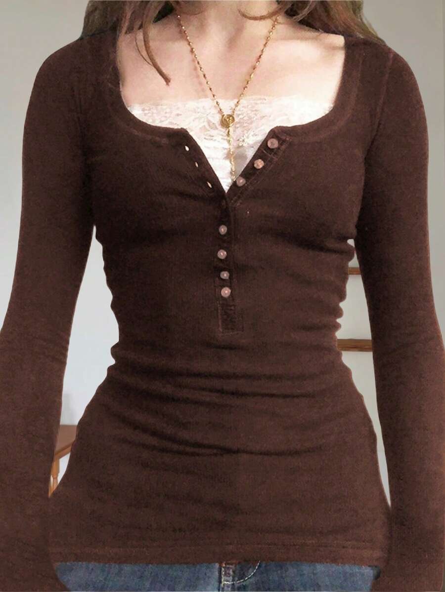 Women Y2k Lace Patchwork Shirt Top Fairycore Lace Trim V Neck Long Sleeve Button Front Slim Fit T Shirts Crop Tops Sping Fall Going Out Tee Tops Teen Girls Vintage Aesthetic Grunge Clothes Casual Tunic Top Blouse Streetwear - 棕色 - 查看 1