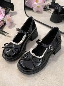 2025新款女士PU皮玛丽珍鞋：粗跟、防水台、圆头、蝴蝶结装饰、系带设计，舒适休闲日常鞋。适合日常穿着、度假、鸡尾酒会和通勤。 - 黑色 - 查看 2