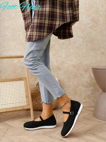 Women's Hollow Round Toe Soft Bottom Mary Jane Sports Shoes, Outdoor Sports Style Suitable For Sports And Daily Driving, All Season, Black PU Leather Casual Comfortable Breathable Flat Sports Shoes