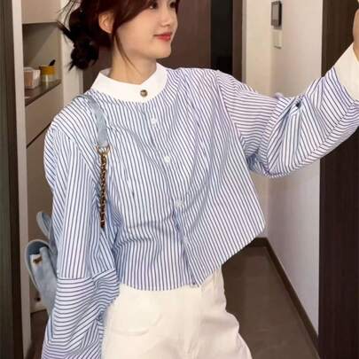 프렌치 우아한 블루 스트라이프 블라우스, 긴팔 셔츠 디자인