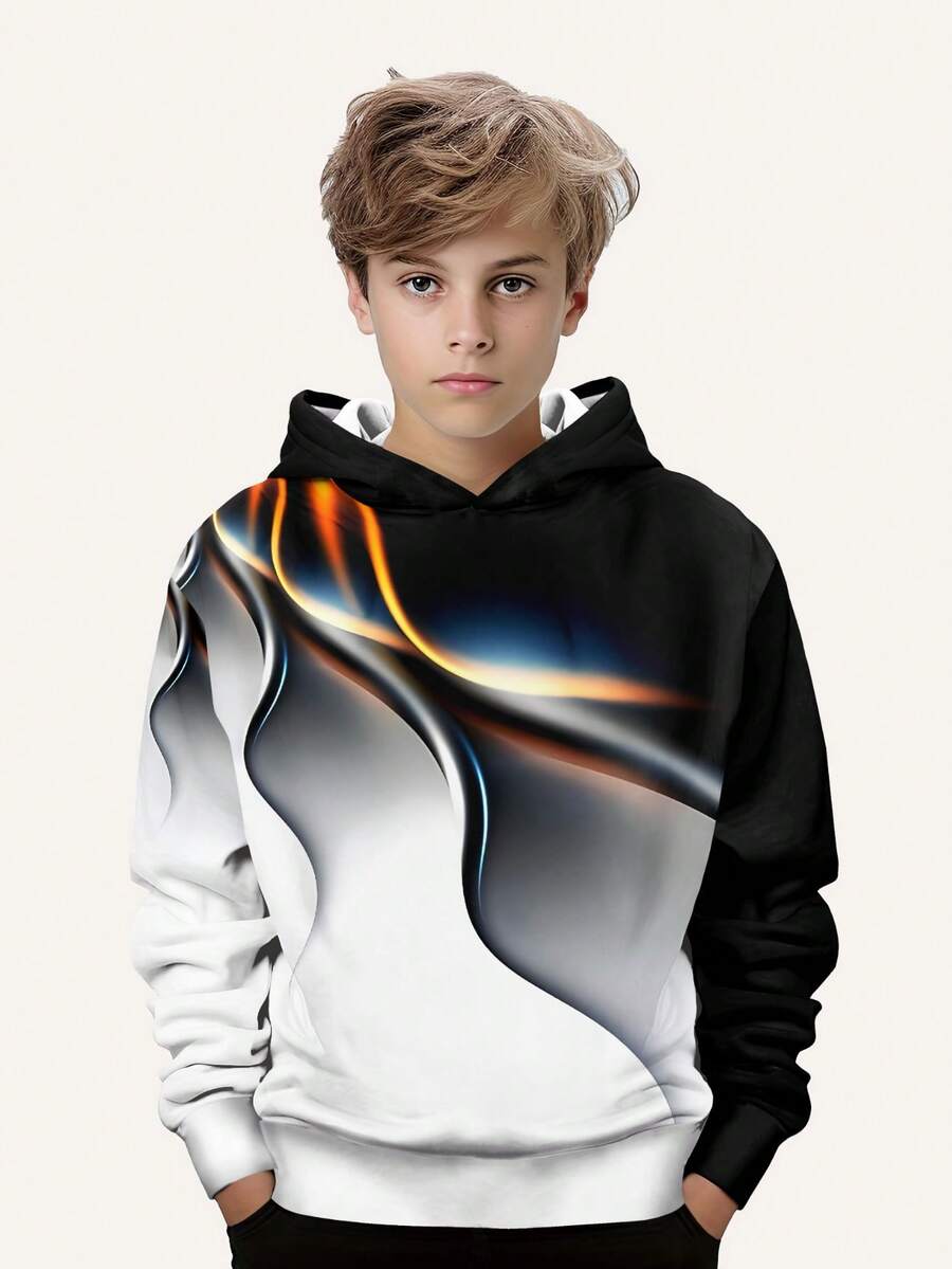 青少年男童时尚印花套头卫衣 - 长袖圆领卫衣，适合春秋季穿着，酷炫印花 - 黑色 - 查看 1