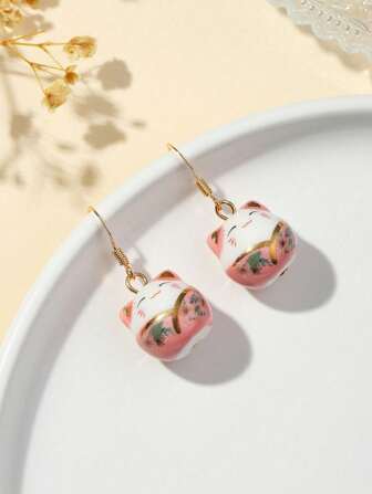 1 Pair Cute Ceramic Maneki-Neko (Lucky Cat) Earrings, Handmade Lucky Earrings Suitable For Women's Daily Wear And Holiday Gifts