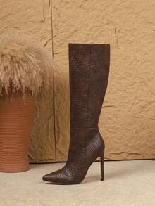 2025 秋冬性感时尚纯色尖头细高跟休闲百搭侧拉链修身咖啡色及膝靴女靴，棕色靴子 - 咖啡棕 - 查看 7