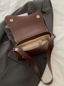 Minimalist Solid Color Shoulder Flap Bag, Classic Textured Crossbody Bag Purse For Women - Coffee - View 6