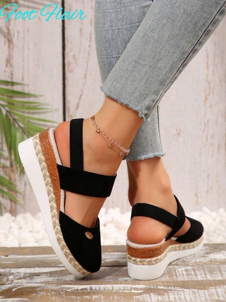 Foot Flair Women Plus Size Black Wedge Thick-Sole Closed Toe Bohemian Beach Vacation Style Summer New Spliced Color Elastic Rope Roman Sandals - Black - View 7