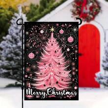 1pc Merry Christmas Pink Garden Flag - Double-Sided, Durable Fabric Outdoor Decor With Festive Tree Design For Porch And Yard