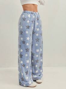 女士加厚法兰绒星心图案抽绳直筒裤，适合外穿和居家穿着，秋冬季，蓬松舒适