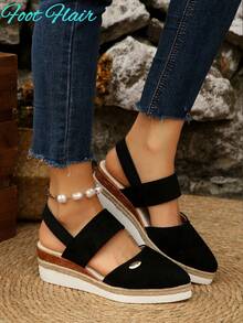 Foot Flair 女式加大码尖头拼色露背帆布凉鞋，黑色波西米亚海滩度假风格，全新轻质厚底坡跟凉鞋 - 黑色 - 查看 5