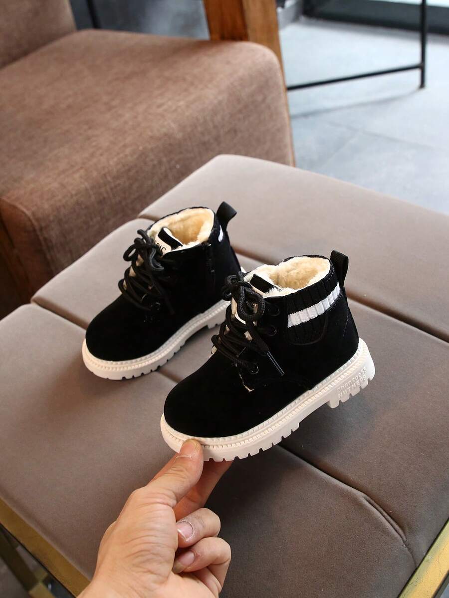 1 par de botas de caña baja de unicolor, cálidas y de felpa, con puntera redonda, de moda para niños, unisex, cómodas, con cordones, para uso casual al aire libre, adecuadas para otoño/invierno (el tamaño es talla grande pequeño de lo normal)