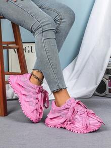 Comfortable And Simple Fashion Outdoor Casual Shoes, City Series, With Lace Design, Commuting, Fitness, Travel, Chunky Shoes Style, Round Toe, Low-Cut, Color Block, Versatile, Gift For Festivals, Women's Sports Shoes Design. Versatile And Suitable As A Holiday Gift. Women's Athletic Shoes - 粉紅色 - 查看 2