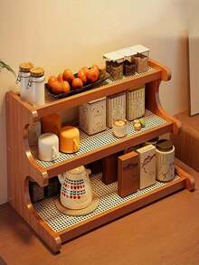 Three-Layer Thickened Drainage Board Bamboo Storage Rack, Sturdy Trapezoidal Wooden Shelf - Multifunctional, Space-Saving, Stylish Storage Tool, Suitable For Kitchens, Offices, Dressing Tables, And Home Decoration, Multi-Purpose Storage Rack