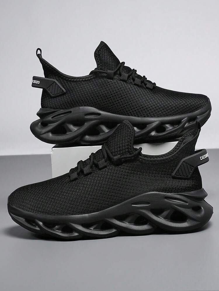 Women's ​ Black Wave Sole Knit Sneakers - Everyday Comfort Support For Urban Walk, Year-Round Breathable Minimalist Wear​ - 黑色 - 查看 4